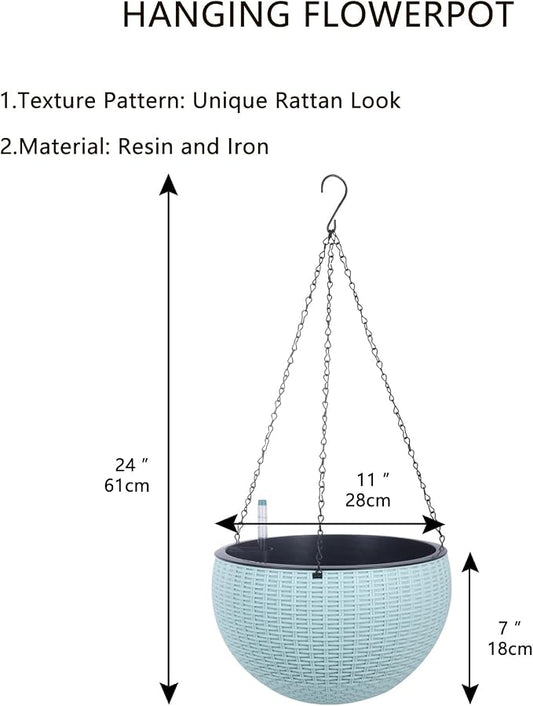 Vencer 11 Inch Round Resin Rattan Hanging Planters,Light Blue,VF-A15-B | Self Watering,Drain Hole,Metal Chain,Water Indicator,Indoor Outdoor
