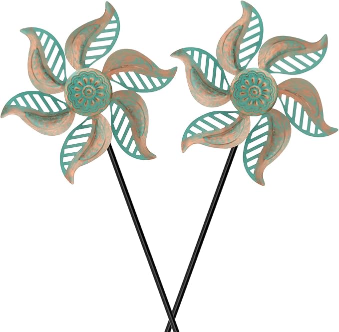 2 Pack Wind Spinners Outdoor Metal Vintage Green, Waterproof Wind Sculptures Garden Pinwheels & Decorative Stakes, Small Windmills for Yard Lawn Patio Outdoor Garden Decor (Type 36)