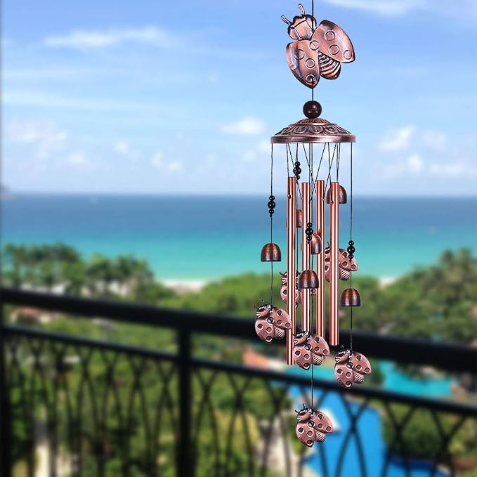 Ladybug Wind Chimes Outdoor Decor - with 4 Tubes 6 Bells 7 Ladybugs 36In Waterproof Mobile Romantic Wind Catcher Ladybug Windchimes for Home, Xmas Mom Gifts, Festival, Balcony, Garden Decoration