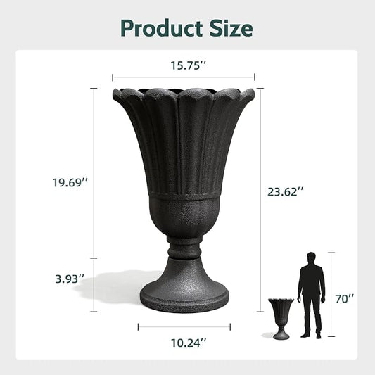 23.6" Tall Plastic Urn Planters for Outdoor Plants, Set of 2 Heavy-Duty Classic Indoor Large Flower Pots with Drainage Holes & Petal Design, Outdoor Planters for Porch, Home Garden, Black