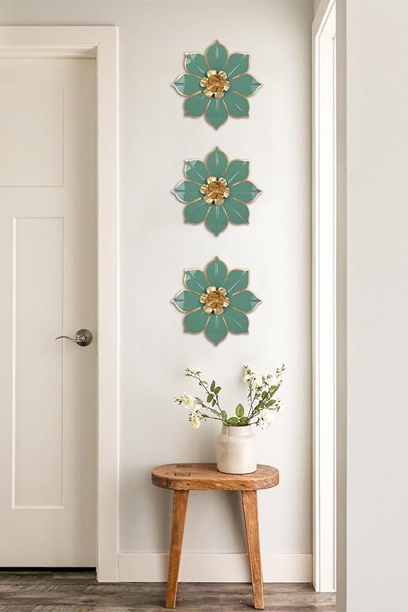 Metal Flowers Wall Decor Set of 3, Green & Gold 3D Floral Metal Wall Art Decor for Inoor & Outdoor Use, Vintage & Modern Walls Arts for Bathroom, Living Room, Bedroom, Garden, Patio, Porch, Office,10"