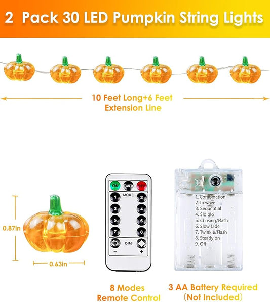 2 Pack 60LED Fall Decorations 3D Pumpkin String Lights Battery Operated, 20FT Orange Fall Lights with Remote & Timer, Waterproof 8 Modes Fairy Twinkle Light for Harvest Thanksgiving Halloween Decor