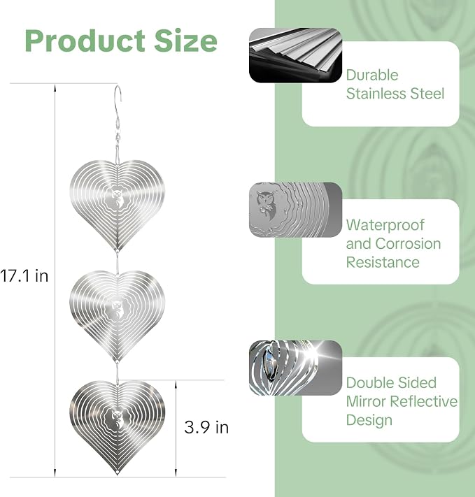 OFFO 304 Stainless Steel Bird Reflectors, Double-Sided Reflective 3D Heart Bird Scare Devices, Outdoor Garden Decor for Patio Yard Porch Pool Window, 9 PCS