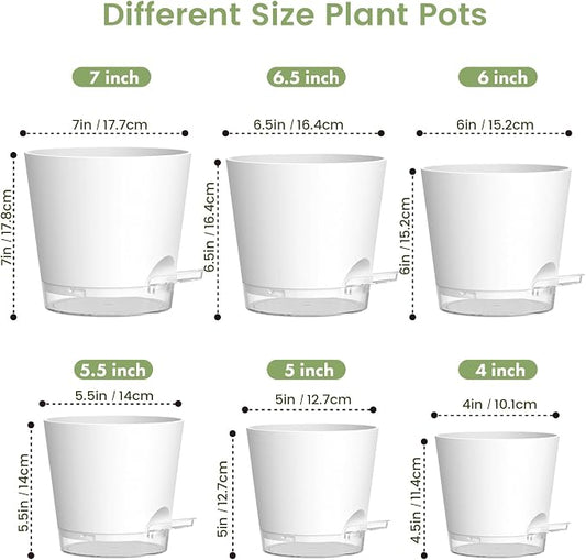 Meowell Self Watering Pots Pack of 6 – Different Size 4" to 7" Indoor Plant Pots with Drainage Holes and Clear Reservoir for Visible Water Level, Plastic Wicking Planters for House Plants, White
