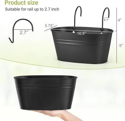 Dahey 3 Pcs 10.5 Inch Hanging Flower Pots for Railing Fence Metal Wall Planters for Indoor Plants Outdoor Countryside Window Flower Holder with Hooks Drainage Holes for Garden Yard Home Decor, Black