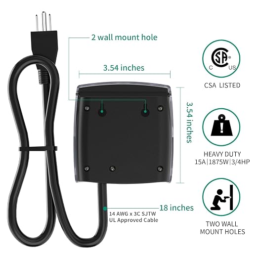G-ELEK Outdoor Timer Outlet Waterproof, Outdoor Light Timer, 3/4HP Heavy Duty, 18 Inches Long Cord, 1 Grounded Outlet, Ideal for Engine Block Heater, Pool Pump, CSA Listed (Black)