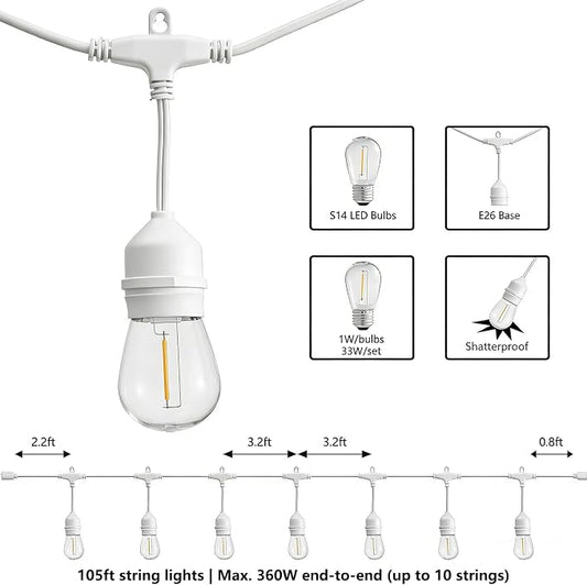 SUNTHIN 105FT Outdoor White String Light with 34 1W LED Shatterproof Filament Bulb for Patio Lights, Backyard, Porch, Party Lights