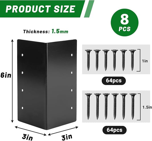 Raised Garden Bed Corner Brackets for Flower Vegetable Furniture Planter Wood Garden Bed Box, Black Metal Corner Brackets Decorative with Screws (Matte Black -8pack, 3"x3"x6")