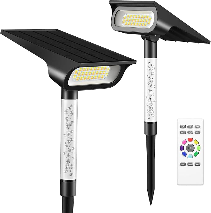 intelamp Solar Spot Lights Outdoor Waterproof Landscape Lighting 2 Pack | Remote Control, 3 Color Temperatures, Timer & Dimmable, Dusk-to-Dawn, RGB Poles, 4000mAh, 56 LEDs, 500LM, IP65 Waterproof