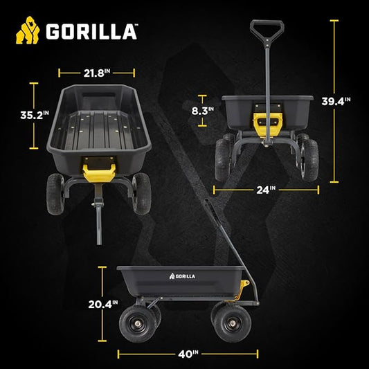 Gorilla Carts Heavy-Duty Dump Cart, Patented Quick-Release Dumping, Steel Frame, 600 lb Capacity, No-Flat 10-Inch Tires, Utility Wagon for Garden, Yard, Beach