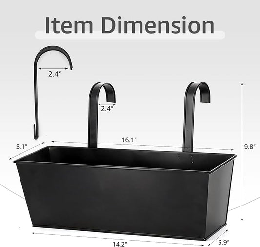 3 Pack Metal Railing Planters, 16 Inch Large Rectangular Hanging Flower Pots with Detachable Hooks & Drainage Holes, Fits Rails up to 2.5", Galvanized Iron Window Box for Balcony Garden - Black