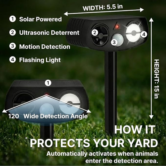 AWISH Solar Ultrasonic Animal Repeller Outdoor, Motion Sensor, 2 Pack | 40 ft Detection Range, LED Strobe, IP65 Waterproof, Deer, Rabbit, Squirrel, Raccoon, Yards, Gardens, Farms