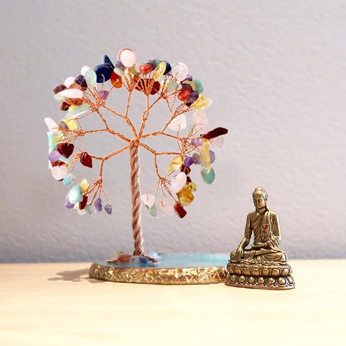 Buddha Statue with Healing Crystal Tree, Tree of Life for Positive Energy. Home Decor Yoga Meditation.7 Chakra.(C)