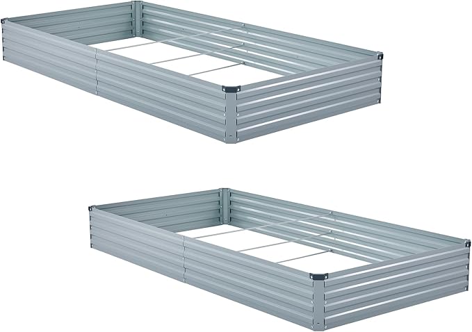 Meberam 2 Pack 6x3x1FT Galvanized Raised Garden Bed Kit, Outdoor Metal Planter Box for Vegetables, Bottomless Rectangular Gardening Bed with Support Rods, Tool-Free Assembly, Gray