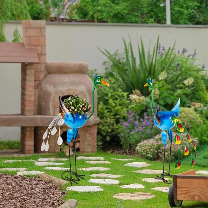 Peacock Decor Planter for Outdoor Plants, Metal Planters with Drainage Peacock Gifts for Women Mother, Garden Planters Decor Peacocks for Outside Patio, Lawn, Yard, Porch