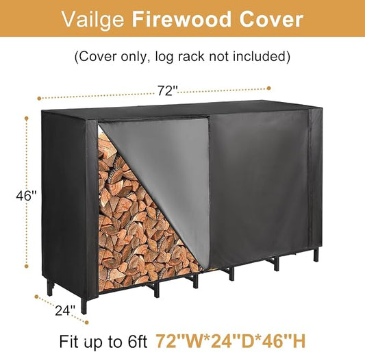 Vailge Firewood Rack Cover 6FT, Waterproof Firewood Rack Outdoor Cover with Full Front Zipper & Windproof Straps, Heavy Duty 600D Oxford Log Protector for All Seasons