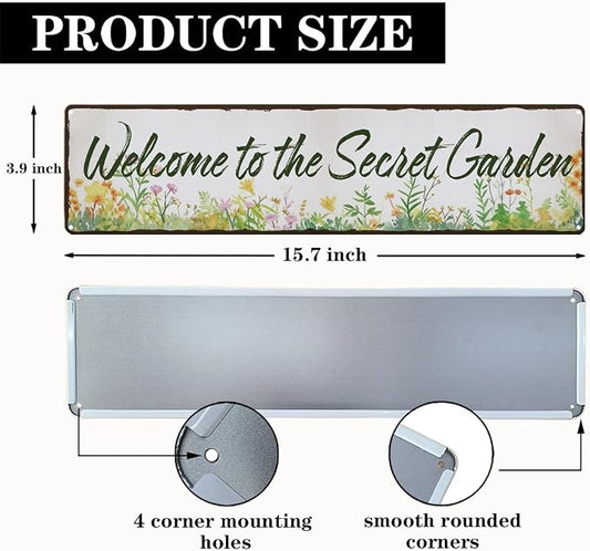 Garden Metal Tin Sign, Vintage Farmhouse Decor, Welcome to the Secret Garden Sign, Gardening Wall Art, for Yard Fence Door Porch, Rustic Indoor Outdoor Decoration, 15.7 x 3.9 Inches