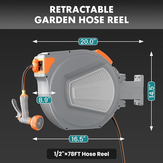 OLIXIS Automatic Retractable Garden Hose Reel, Heavy Duty Wall Mounted Water Reel with 1/2 in x 78 ft Hose, 9 Pattern Nozzle, Slow Rewind Any Length Lock, 180° Swivel for Garage Outside