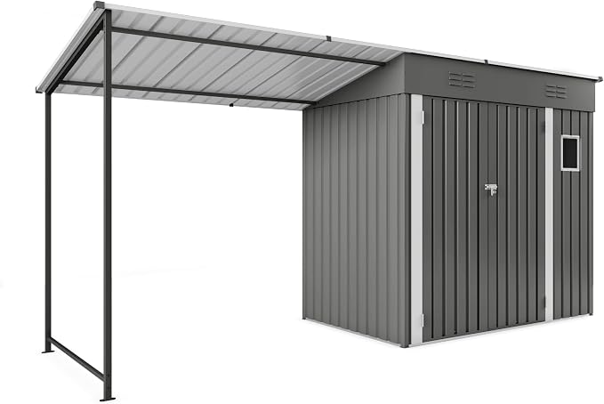 YOPTO 12x4 FT Metal Lean to Shed with Open-Sided Pergola,4x6 FT Outdoor Storage Shed & 6x4 FT Attached Hardtop Gazebo Combo,2-in-1 Durable Garden Tool Shed for Patio, Backyard, Deck,Gray