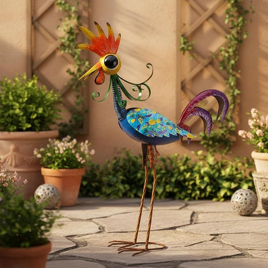 31.5'' Wacky Rooster Garden Statue for Outside, Patio, Backyard, Lawn | Metal Rooster Decor Yard Statue Decorations, Waterproof Chicken Yard Art, Royal Blue