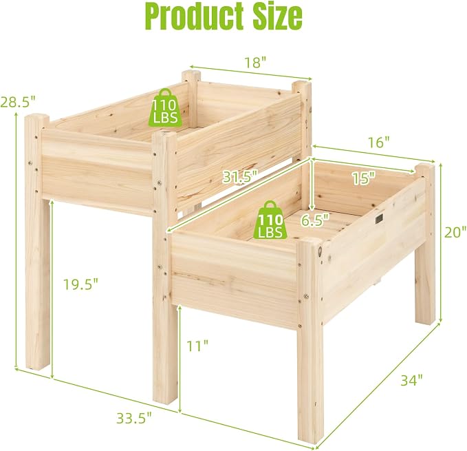 COSTWAY Raised Garden Bed, 2-Tier Wooden Elevated Planter Box Stand with Legs for Vegetables, Flowers Herbs, Outdoor Indoor Garden Bed Kits for Backyard, Patio, Balcony Patio, Natural