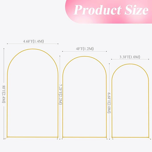 Wokceer Wedding Arch Backdrop Stand 8FT, 7.2FT, 6.6FT Set of 3 Gold Metal Arch Backdrop Stand for Wedding Ceremony Baby Shower Birthday Party Garden Floral Balloon Arch Decoration