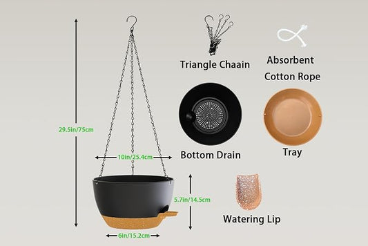 Hanging Planters, 3-Pack 10 Inch Self-Watering Pots with Drainage Holes and Chains, Matte Plastic Planters for Indoor/Outdoor Plant(Black Brown)