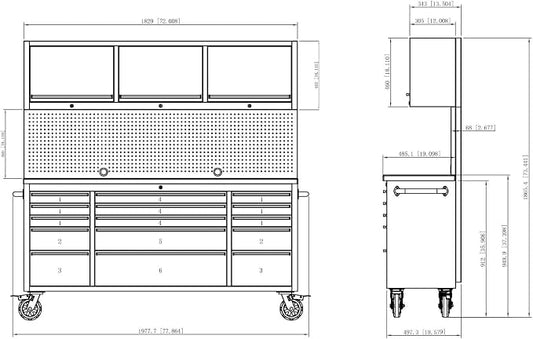 CHETTO C 72 inch Tool Chest Tool Box Mobile 15 Drawers Storage 3 Upper Cabinets SS-Pegboard Rolling Cabinet with Wheels Lock Key Locking System Drawer Liners for Garage Warehouse Repair Shop Black