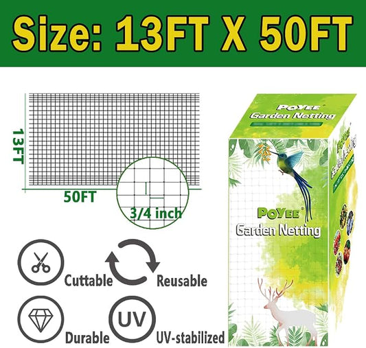 POYEE Bird Netting, 13x50FT Heavy Duty Garden Netting | for Fruit Trees Plants Strawberry Blueberry Bush Protection Anti Birds, Deers, Squirrels and Other Animals