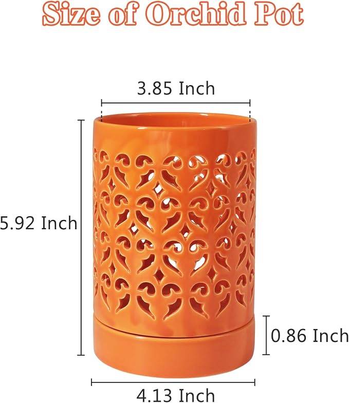 Orchid Pots 4 Inch Ceramic Orchid Pot with Holes, Plant Pot for Repotting, Flower Planter Pot Indoor Outdoor, Breathable Slotted Orchids Planter Orange