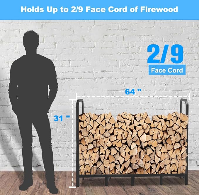 5.3ft Firewood Rack Holder, Adjustable Heavy Duty Fire Log Stacker Stand for Fireplace, Outdoor Indoor Metal Wood Pile Storage Organizer, Patio Logs Stand tool, Black