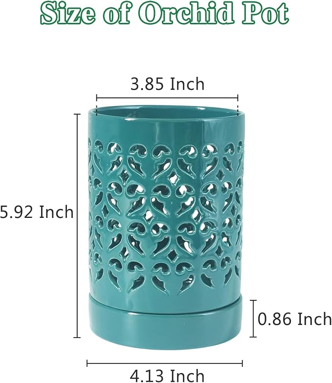 Ceramic Orchid Pot 4 Inch, Orchid Pots with Holes, Plant Pot for Repotting, Flower Planter Pot Indoor Outdoor, Green Chirstmas Gift for Women.