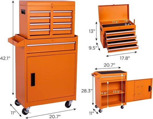 Tool Chest, 5-Drawers Rolling Tool Storage Cabinet with Detachable Top, Adjustable Shelf, Lockable Wheels & Locking Mechanism, Multifunctional Tool Cart for Garage Warehouse, Orange