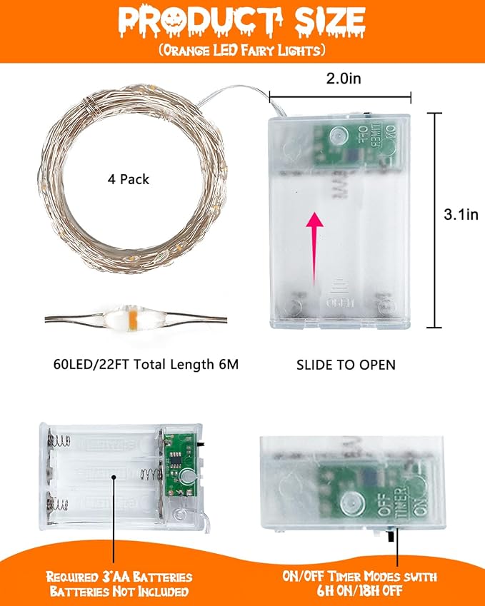 4 Pack 20FT 60LED Battery Operated Fairy Fall Lights with Timer, Waterproof Battery String Lights Outdoor Indoor, Battery Twinkle Lights for Bedroom Thanksgiving Day Party Halloween (Orange)