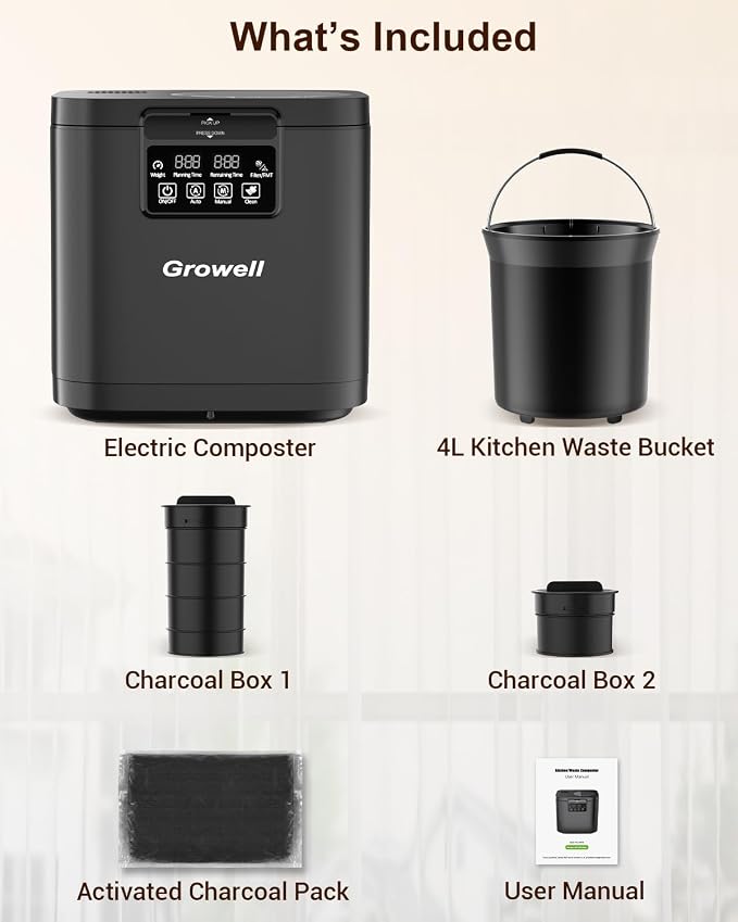 Electric Composter for Kitchen, 4L Indoor Odorless Compost Bin with 2 Carbon Filters, Upgraded Brushless Motor, Auto-Clean, LED Display, Visible Window, Smart Countertop Food Waste Composting Machine