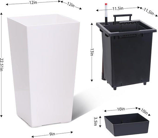 Garvee 22.5" Tall Planters Set of 2, Outdoor&Indoor Black Planter Pots, High Front Porch Planter Pots with Drainage Holes&Water Level Monitor&Inner Bucket,White