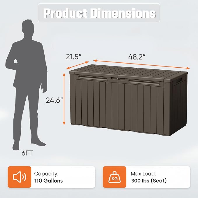 Greesum 110 Gallon Outdoor Storage Box with Lockable Lid, All-Weather Solution for Patio Furniture, Pool Supplies & Garden Tools, Waterproof, UV-Resistant Large Deck Box, Brown