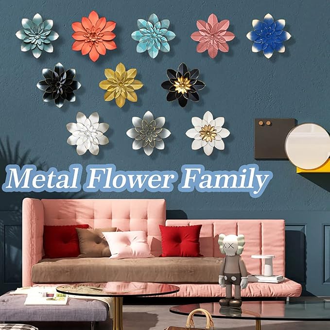 Dark Blue Metal Flower Wall Art Decor, 9.5“ Rustic Modern Floral Sculpture, Distressed Iron Wall Hanging Home Decoration Accent Artworks for Indoor Kitchen Bedroom Living Room Office Outdoor Garden