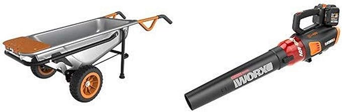 WORX WG050 Aerocart 8-in-1 All-Purpose Wheelbarrow/Yard Cart/Dolly, 18" x 12" x 42", Orange, Black, and Silver with WG584 40V Power Share Turbine Cordless Leaf Blower with Brushless Motor