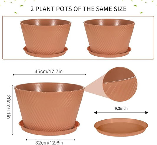Set of 2-18 Inch Large Planter Set Includes a Pot with Round Drainage Holes and a Tray, Suitable for Tall Plants and Flowers. Extra-Large Outdoor Terracotta-Colored Plastic Planter