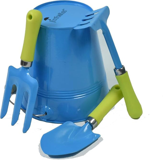 JustForKids Kids Garden Tool Set, 2 Pack STEM Educational Gardening Kit with Wooden-Handle Metal Pails, Plastic-Handle Shovel, Rake & Cultivator, Outdoor Toys & Gift for Toddlers Boys Girls Ages 3-8