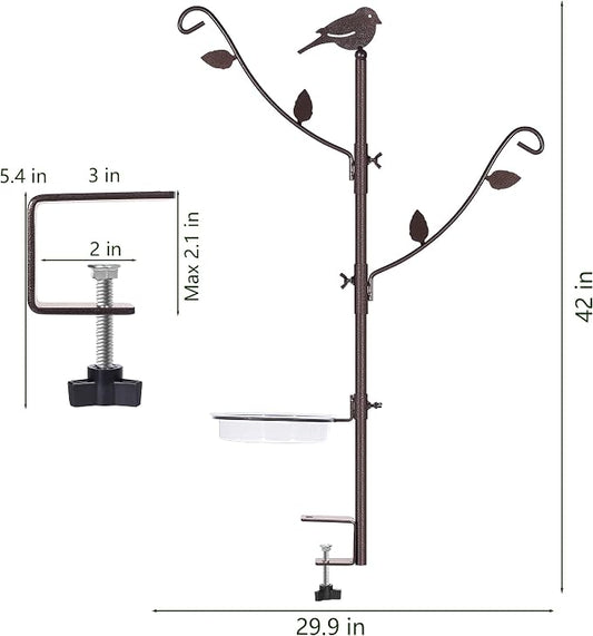 YINGYM Deck Bird Feeder Pole Porch Multi-Hooks Hanging Kit for Outside with Two Adjustable Branches, Water Bowl, Bird Feeder Planter Hanger