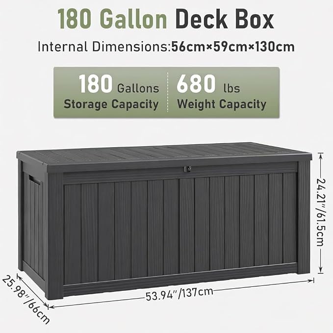 NUNU LAB 180 Gallon Outdoor Storage Box,Resin Large Sturdy Deck Box, Backyard Outside Storage Box Waterproof with Double Wall Panels,Package Delivery Box,Garden Box,Tool Box,Outdoor Hose Storage Bin