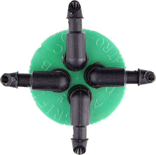 Raindrip QB20UB, Cuatro-Flo® Four-Outlet Bubbler, Drip Irrigation Emitters for Drip Irrigation Gardening Systems, 20 GPH Per Outlet, 1/2-Inch FPT Inlet, Black/Green
