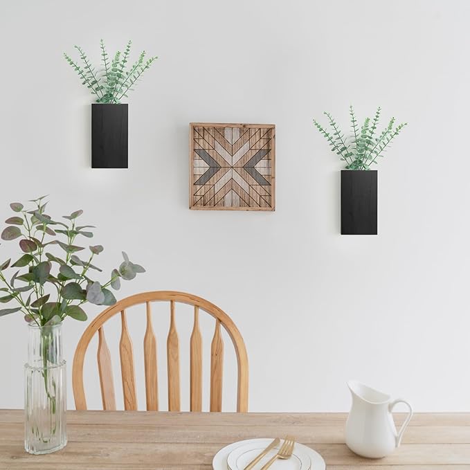 Dahey 2 Pack Wood Wall Planter Vase with Artificial Eucalyptus Farmhouse Wall Hanging Decor Pocket Planter for Indoor Fake Plants Greenery, Living Room Bedroom Kitchen Home Office Decoration, Black