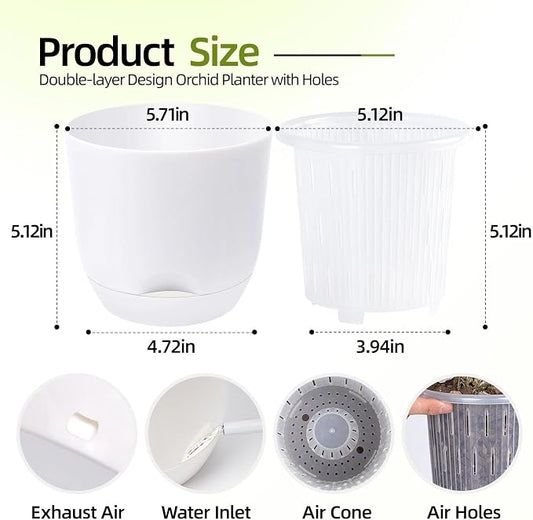 5.7Inch White Orchid Pots with Holes for Repotting, Double-Layer Plastic Self Watering Flower Pots for Indoor Plants with Drainage Holes, Clear Orchid Pot Match Decorative Orchid Container, 5 Packs