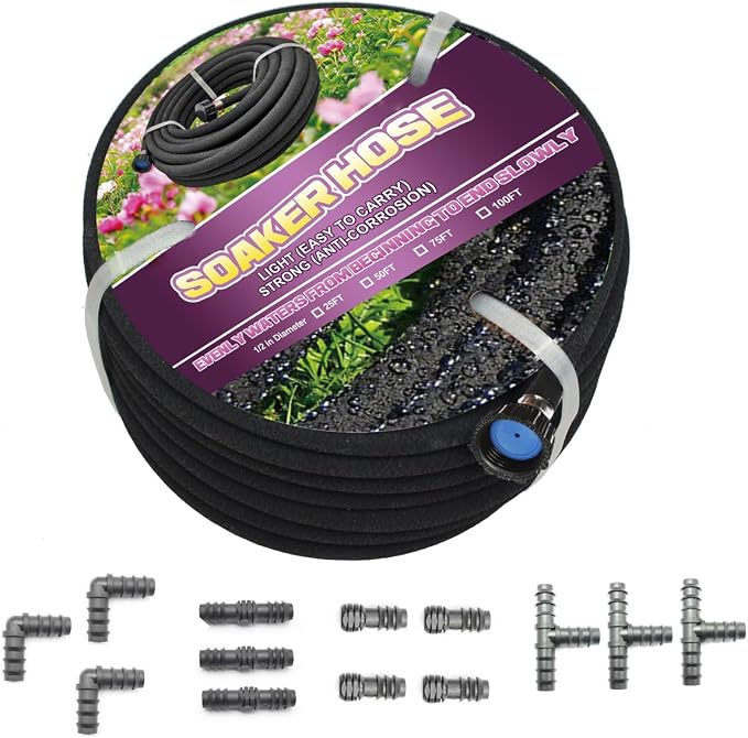 Soaker Hose 100ft - 1/2 Round Rubber Garden Soaker Hoses Kit, Heavy Duty Irrigation Drip Hose, Water Seeper Soaking Hose for Gardens, Flower Beds And Lawn Yard