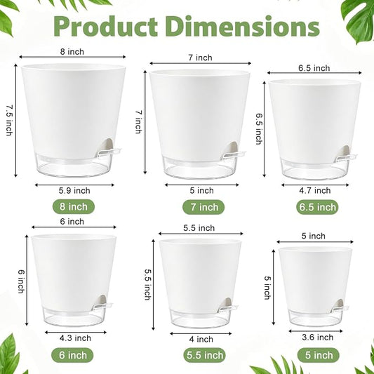 QRRICA 5/5.5/6/6.5/7/8 inch Self Watering Pot Set, Visible Water Level Planter with Transparent Reservoir & Drainage Holes, Plastic Flower Pots with Cotton Rope for Indoor/Outdoor Use (White)