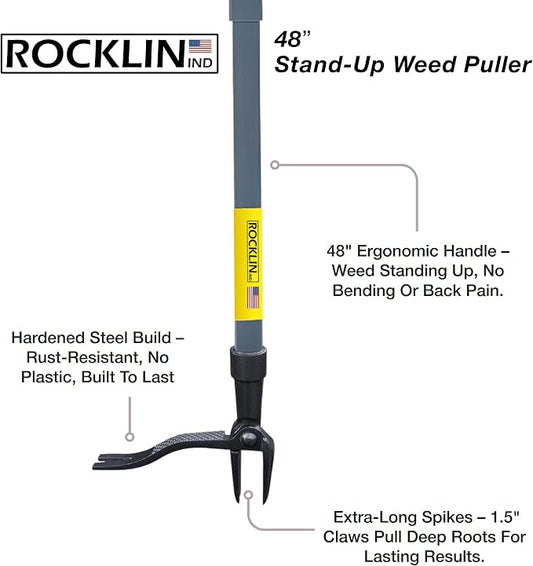 Rocklin Stand Up Weed Puller Tool Long Handle 48” | No Bending or Kneeling | 4-Claw Steel Head, Heavy Duty Dandelion Root Extractor & Weed Remover for Lawn