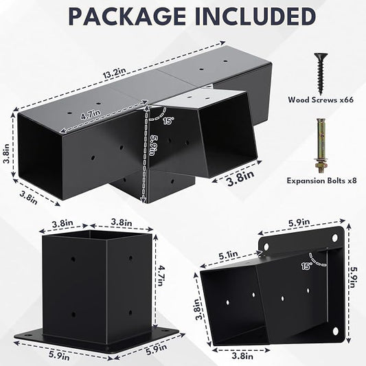 15° Slanted Pergola Bracket Kit, 4-Way Roof Wall Mount Pergola Set with Post Base for 4"x4" Posts for Gazebos, Patio Pergolas(Set of 3)